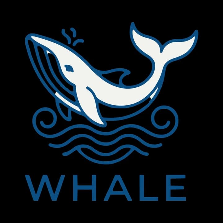 Das gesamte Wal-Logo mit dem Wort WHALE auf einer schwarzen abgerundeten Kachel; dunkelblaue Linien und Schrift sind kaum zu sehen