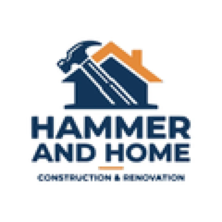 Das Hammer-and-Home-Logo bei 120 px, vergrößert: kleines Haus und Hammer oben, Name darunter, Slogan als gezackte Pixellinie