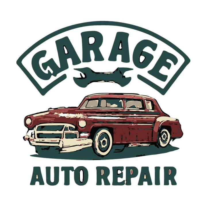 Vektorisierung des Werkstattlogos: GARAGE im Bogen, Schraubenschlüssel, roter Oldtimer und AUTO REPAIR in Dunkelgrün, Rot und Creme auf Weiß
