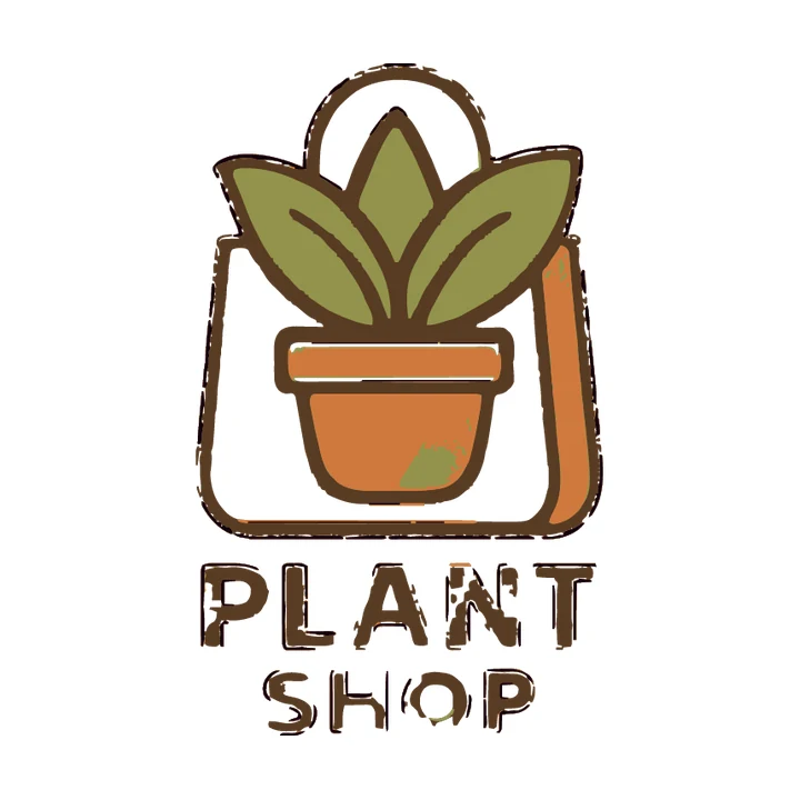 Vektorisierung des Pflanzenladen-Logos: dieselben Blätter, Topf, Tasche und PLANT-SHOP-Schrift in Braun, Grün und Orange auf Weiß