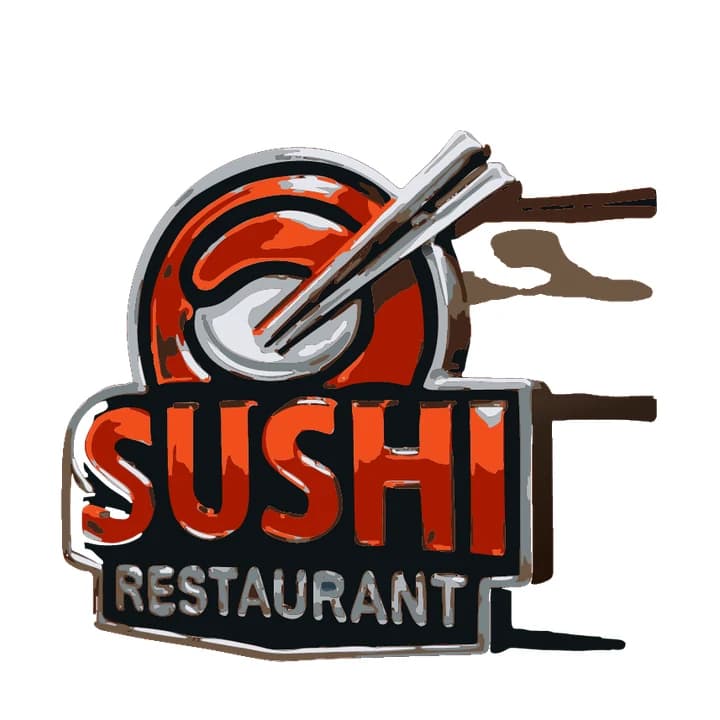 Vektorisierung des Sushi-Schilds: rote Buchstaben in orange und dunkle Flecken zerfallen, fleckiges Chromgrau, braune Holzstreifen rechts