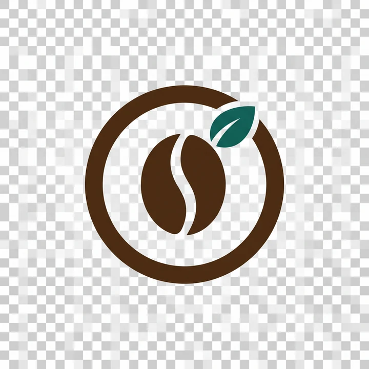 Kaffeebohne in einem braunen Ring mit grünem Blatt auf einem grau-weißen Schachbrettmuster, dessen Quadrate unscharf und ungleichmäßig sind