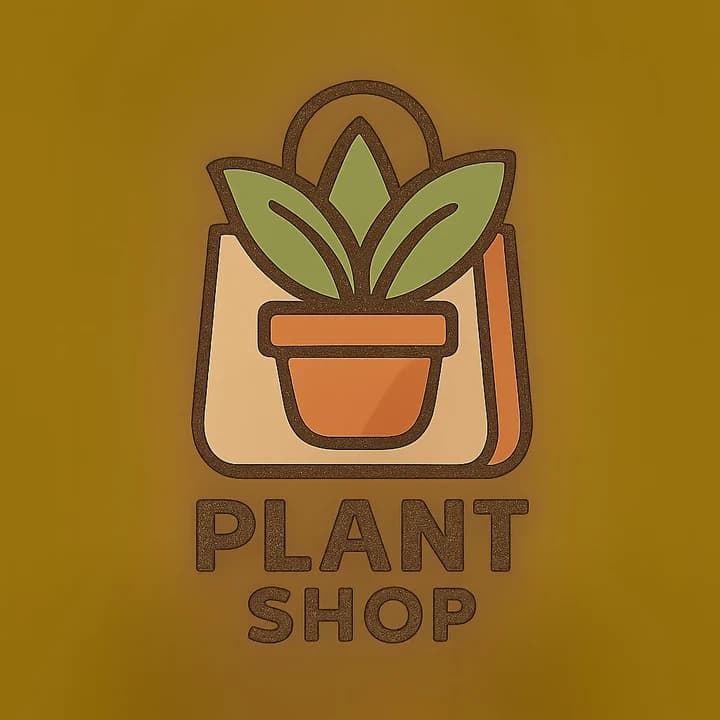 Pflanzenladen-Logo: Pflanze mit drei Blättern im Terrakottatopf vor beiger Einkaufstasche, braune Konturen, PLANT SHOP darunter, auf senffarbenem Grund