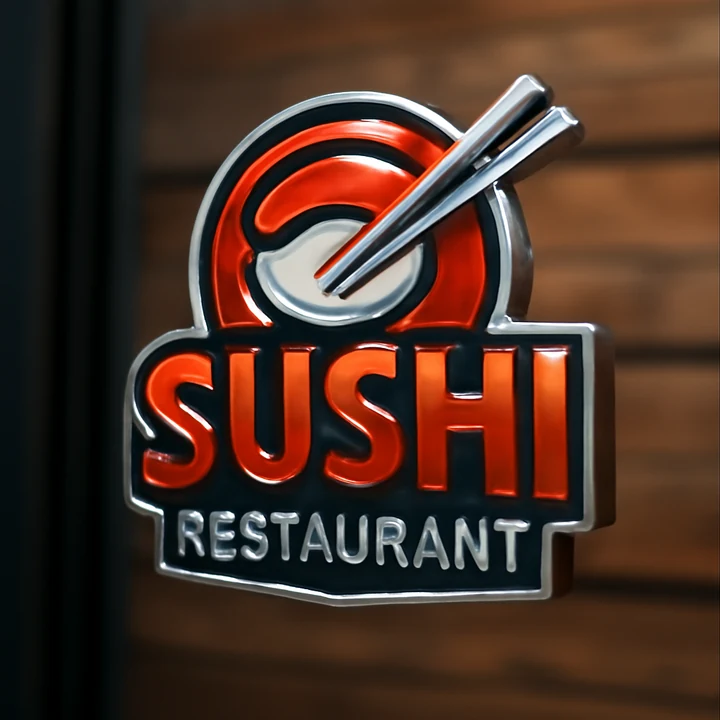 3D-Sushi-Restaurantschild mit Chromrändern, roten glänzenden Buchstaben und Chrom-Essstäbchen vor unscharfen Holzplanken