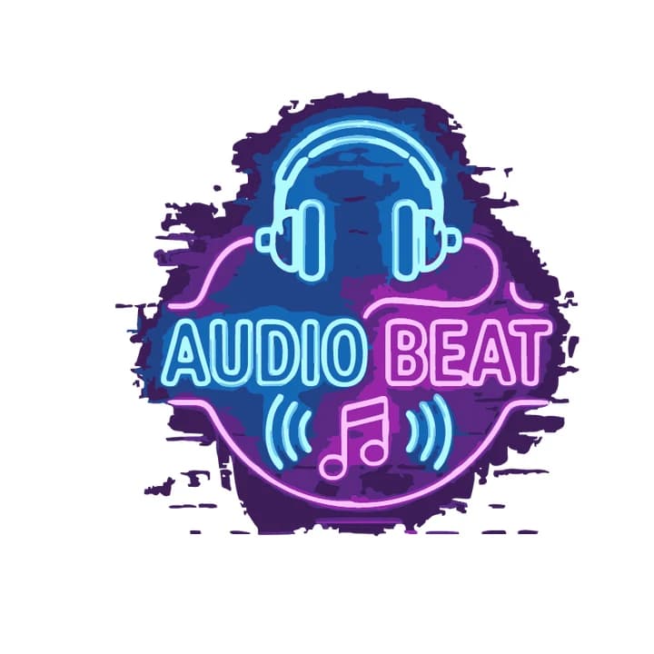 Trace of a neon Audio Beat sign: headphones and lettering in cyan and pink on a ragged purple and blue patch of wall