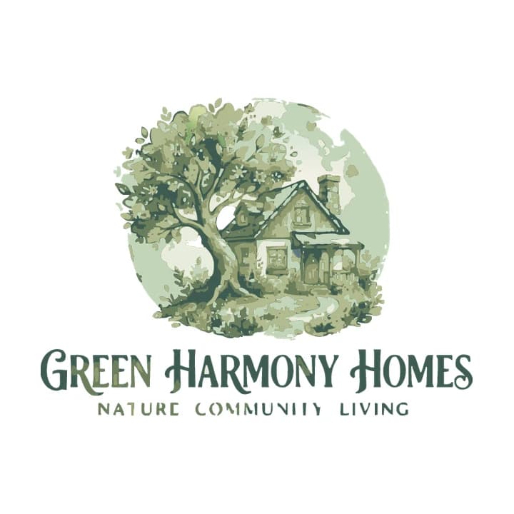Trace of a watercolour cottage and tree: blotchy patches in sage greens, Green Harmony Homes lettering below