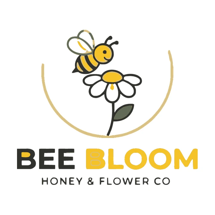 Trace of a bee and daisy logo: a cartoon bee over a white daisy inside a thin gold ring whose top section is missing, BEE BLOOM and Honey & Flower Co below