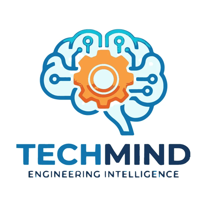 Trace of a brain and gear logo: blue brain outline with circuit lines, an orange gear in the middle, TECHMIND and Engineering Intelligence below