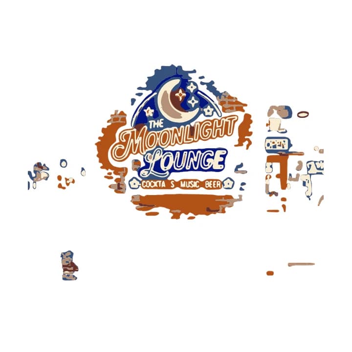 Trace of the neon sign: The Moonlight Lounge lettering on a torn patch of orange brick and blue glow, with scraps of the street and an OPEN sign around it