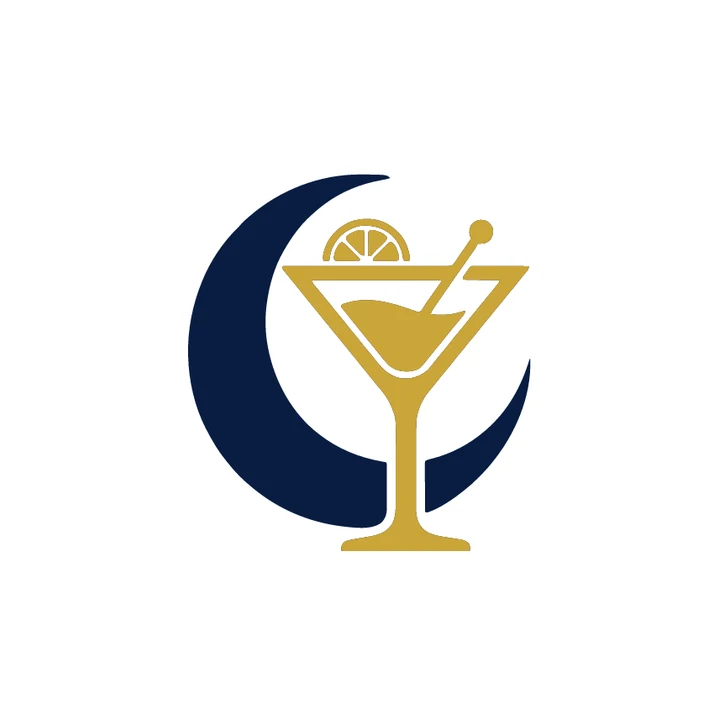 Trace of the flat logo: a navy crescent moon behind a gold cocktail glass with a lemon slice and a cocktail pick, on white