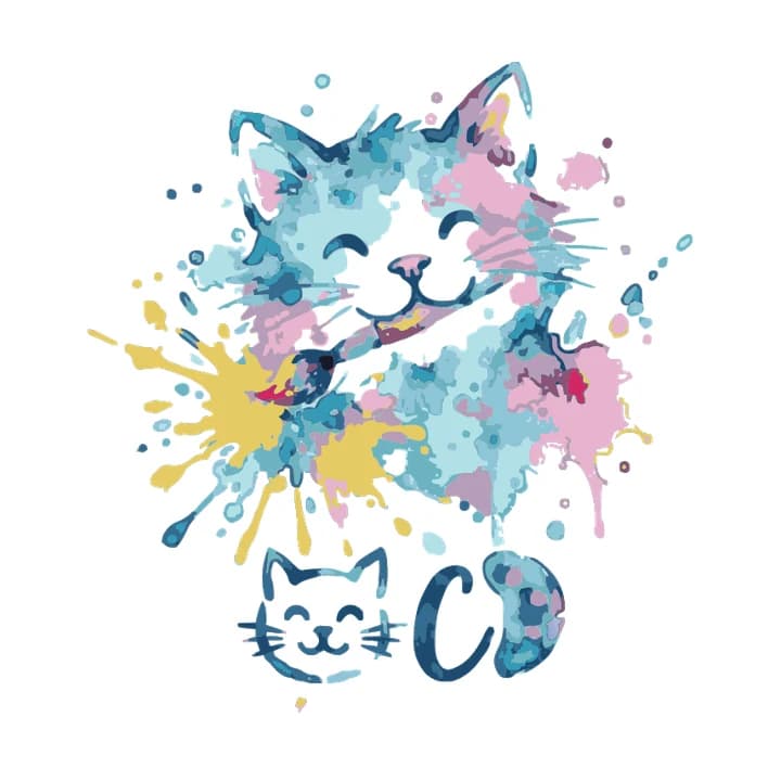 Vektorisierte Aquarell-Katze, zerlegt in viele hellblaue und rosa Flächen mit verstreuten Punkten