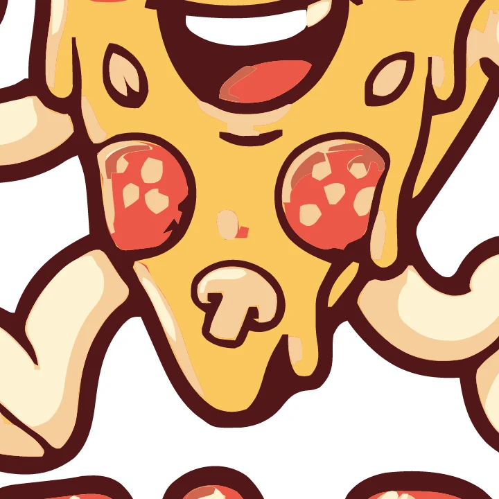 Nahaufnahme des vektorisierten Pizza-Maskottchens bei 400 %: gestochen scharfe Konturen und flache Füllungen