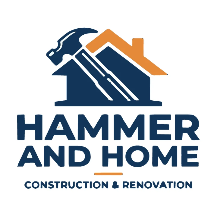 Vektorisiertes Hammer-and-Home-Logo: blaues Haus und Hammer, oranges Dach und kräftige Schrift mit scharfen Kanten