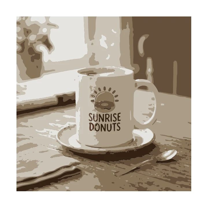 Vektorisierung des Tassenfotos: ein sepiafarbenes Bild der gesamten Szene, das Logo auf braune Schrift und Konturen auf der Tasse reduziert