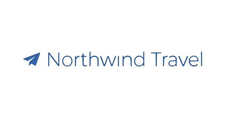 Ein Vorschaubild mit 1200 mal 630: das breite Logo Northwind Travel in der Mitte einer einfarbig weißen Karte