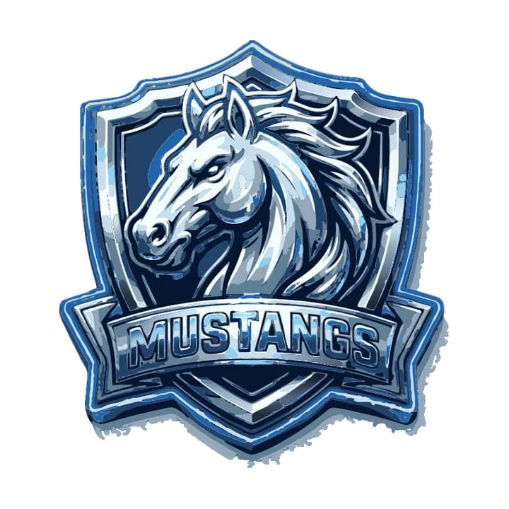 Nachgezeichnetes Chrom-Wappen mit Pferdekopf und dem Wort MUSTANGS: blaue und graue Flächen mit rauem, gesprenkeltem Rand