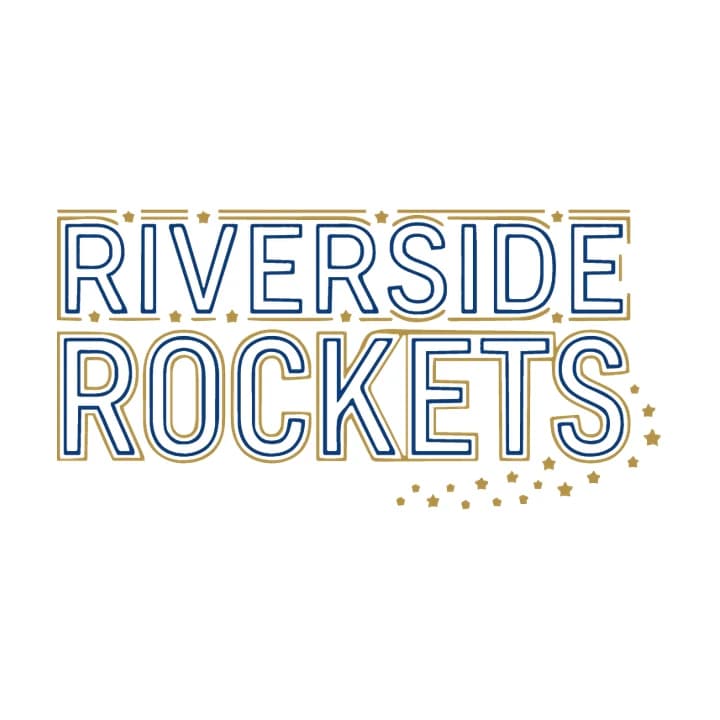 Nachgezeichneter Schriftzug RIVERSIDE ROCKETS in dünnen, doppelt umrandeten Buchstaben mit einer Spur winziger goldener Sterne