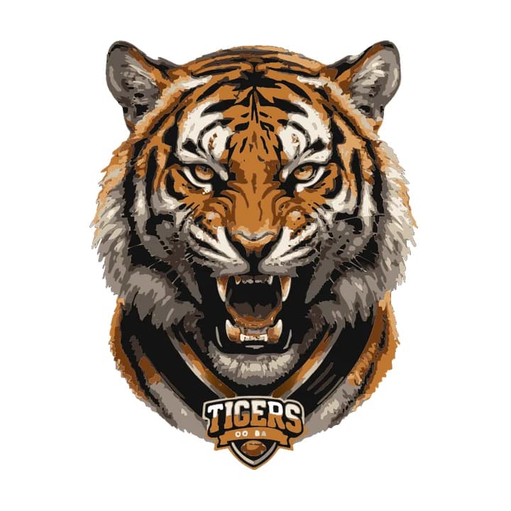 Nachgezeichneter Tigerkopf aus orangen, braunen und schwarzen Flächen, mit ausgefransten Fellkanten und einem kleinen TIGERS-Abzeichen darunter
