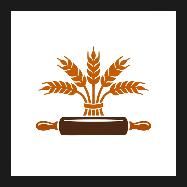 Ein Logo aus Weizengarbe und Nudelholz in einem weißen Quadrat auf einer dunkelgrauen Seite