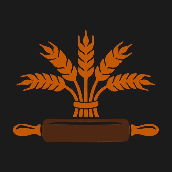 Dasselbe Logo aus Weizengarbe und Nudelholz ohne Kasten, orange und braune Formen direkt auf der dunkelgrauen Seite