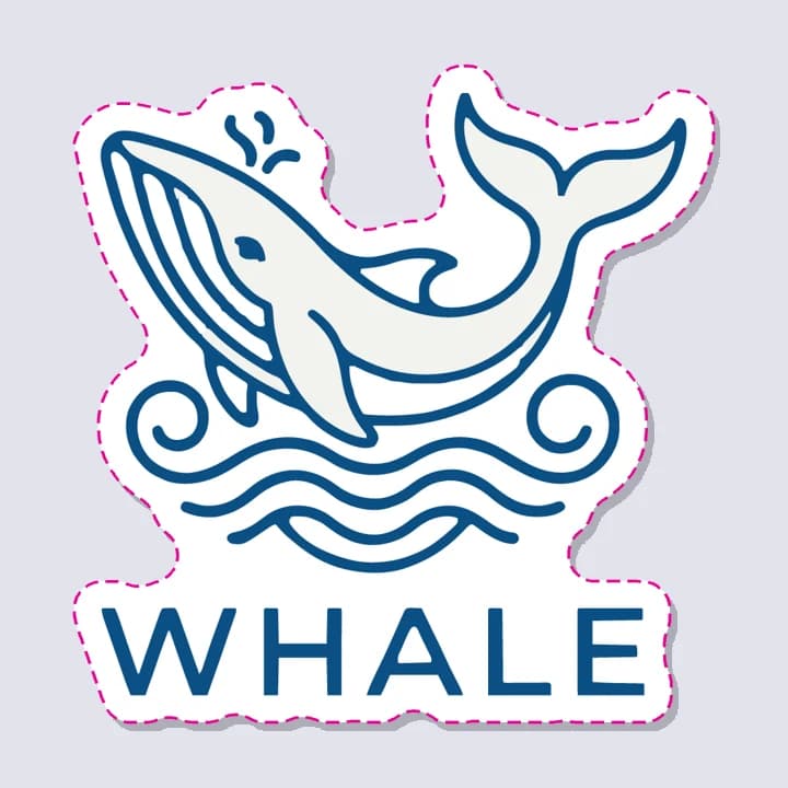 Wal-Line-Art mit dem Wort WHALE darunter als ein Sticker mit glattem weißem Rand und gestrichelter Schneidelinie