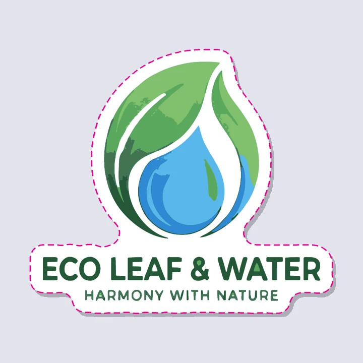 Blatt- und Wassertropfen-Logo mit dem Namen ECO LEAF & WATER darunter, als Sticker mit glatter Kontur