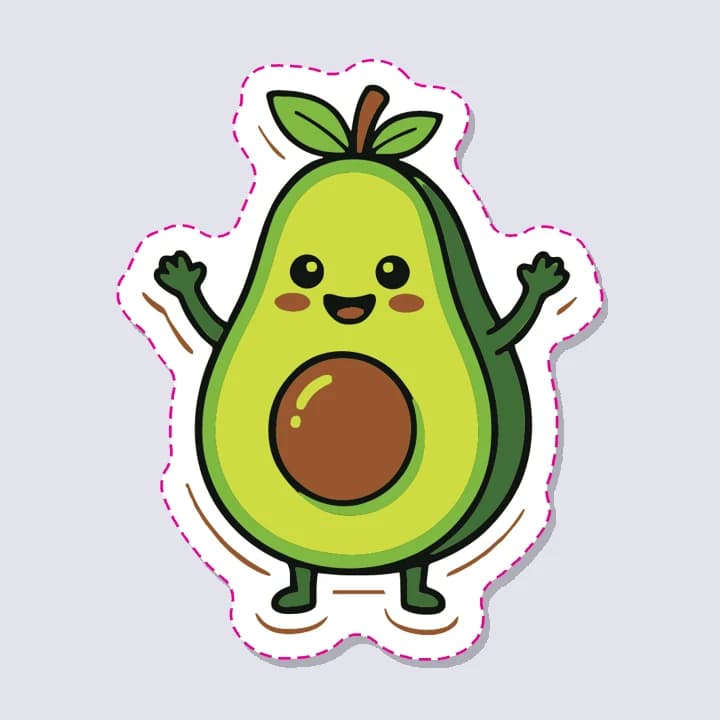 Eine Comic-Avocado mit Armen und Beinen als Sticker mit glatter Kontur; braune Linien umgeben Arme, Körper und Füße, und die Wangen sind braun
