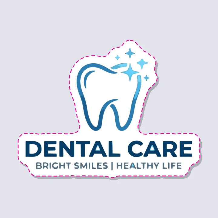 Dental-Care-Logo als Sticker: ein Zahn mit Glanzpunkten, der Name in großen Buchstaben und der Slogan BRIGHT SMILES | HEALTHY LIFE in kleiner Schrift darunter