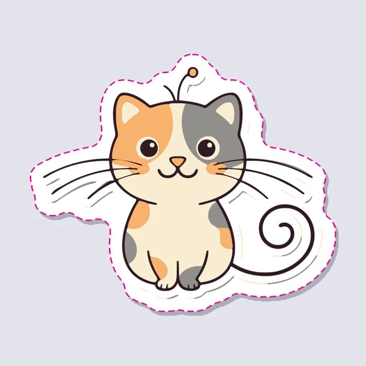Die Katze als 75-mm-Sticker: Die Schnurrhaare liegen auf jeder Seite in einem breiten weißen Keil, die Antenne in einer weißen Rundung, mit zarten grauen Linien zwischen den Schnurrhaaren