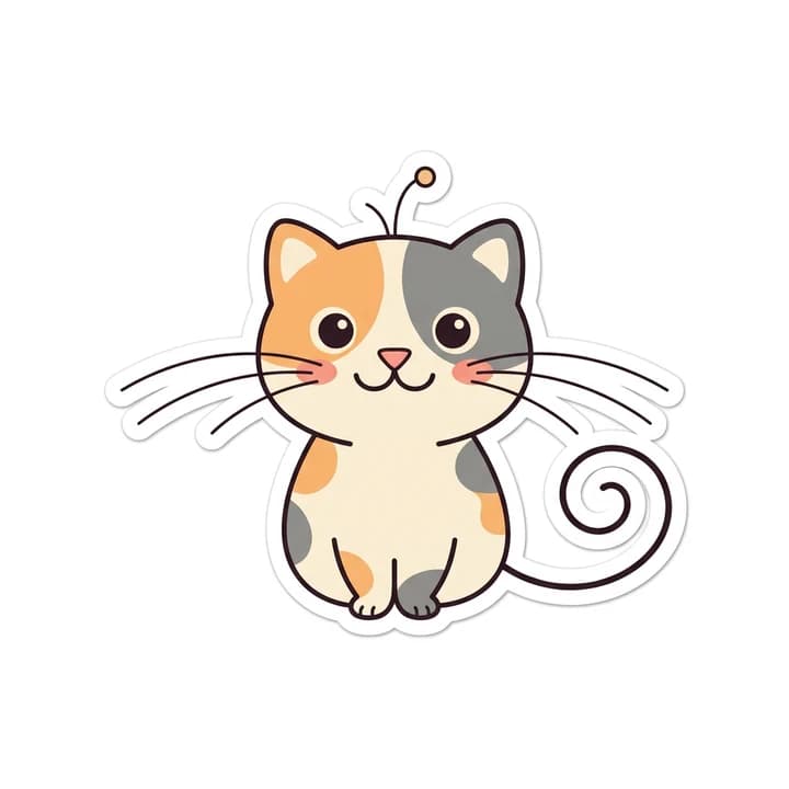 Eine Comic-Katze mit langen dünnen Schnurrhaaren, Kringelschwanz und antennenartiger Haarsträhne, mit eigenem gezeichneten weißen Stickerrand