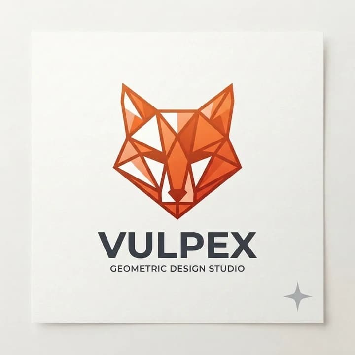 Geometric orange fox head with VULPEX and Geometric Design Studio on a white card, a small grey four-pointed sparkle in the card's bottom-right corner