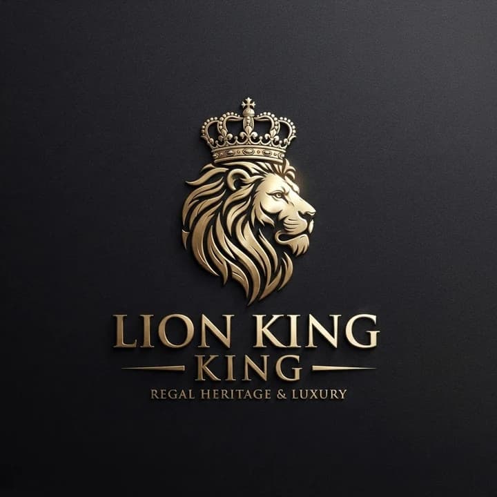 Gold lion head with a crown on a dark background, LION KING with a second KING below it, and Regal Heritage & Luxury