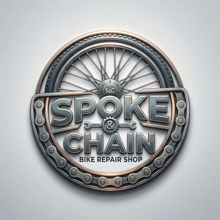 Spoke & Chain badge in steel and copper with a bevel and shadow, a wheel and chain around the name, on a grey gradient