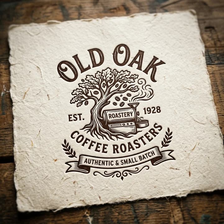 Old-Oak-Coffee-Roasters-Badge in dunkelbrauner Tinte auf einem Bogen rauem handgeschöpftem Papier auf einem Holztisch