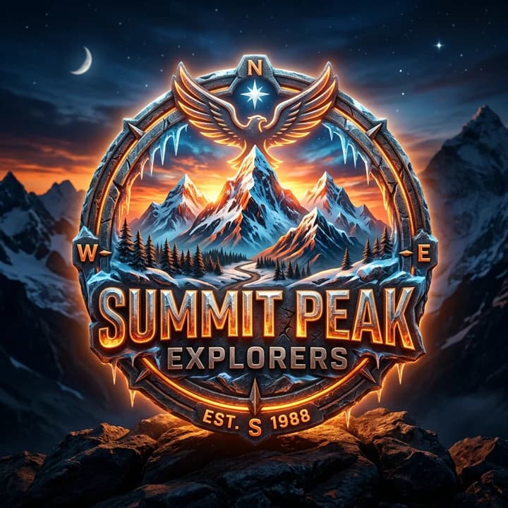 Summit Peak Explorers Emblem: leuchtender Steinkompassring mit Adler, Eiszapfen und Sonnenuntergangsberg vor Nachthimmel über Felsen
