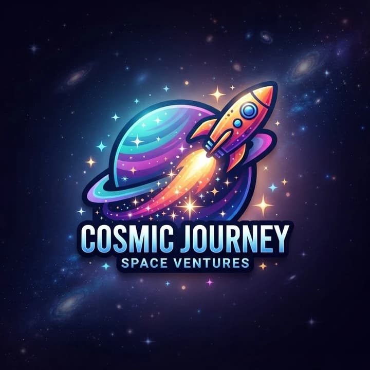Cosmic-Journey-Logo mit schattiertem Planeten und Rakete vor einem sternenbesetzten Nachthimmel