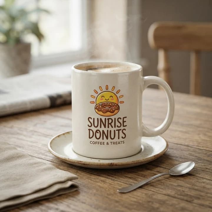Sunrise-Donuts-Logo gedruckt auf einer Kaffeetasse auf einem Holztisch